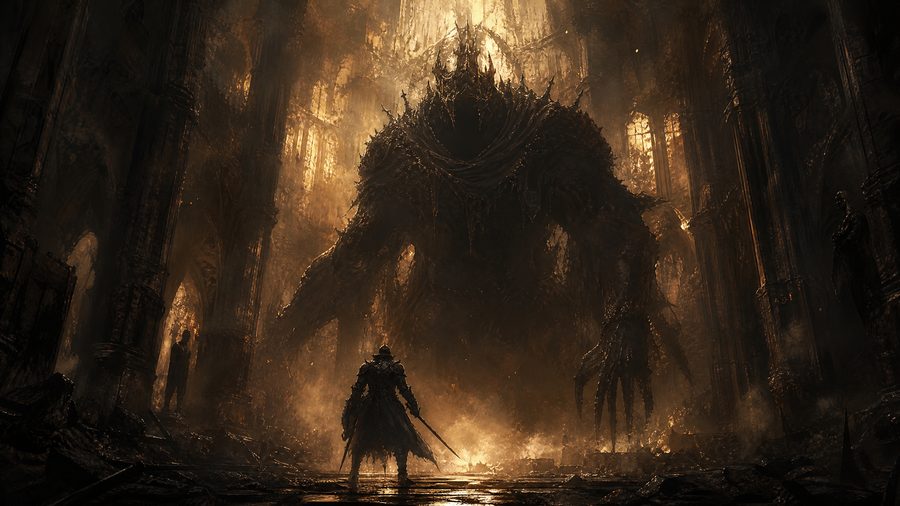 An armoured warrior silhouette standing before an enormous shadowed boss creature in a ruined cathedral