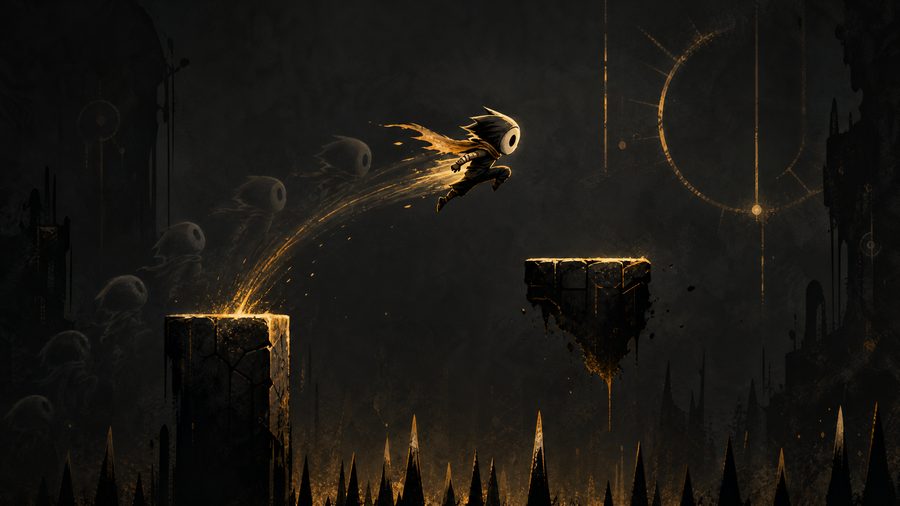 A tiny character mid-jump between narrow floating platforms above spikes with fading ghost outlines