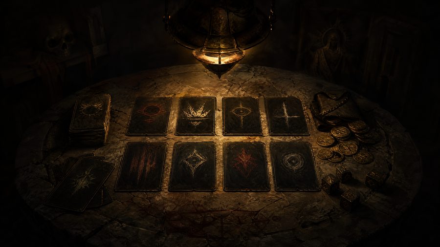 A stone table lit from above with arranged cards bearing abstract sigils, dice and a small pile of coins