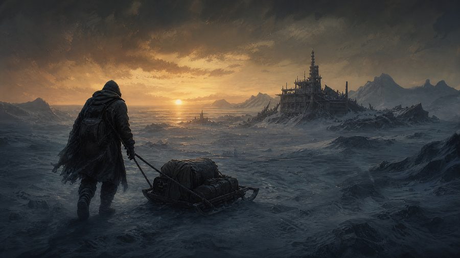A hooded figure dragging a sled across a frozen wasteland toward a wrecked structure