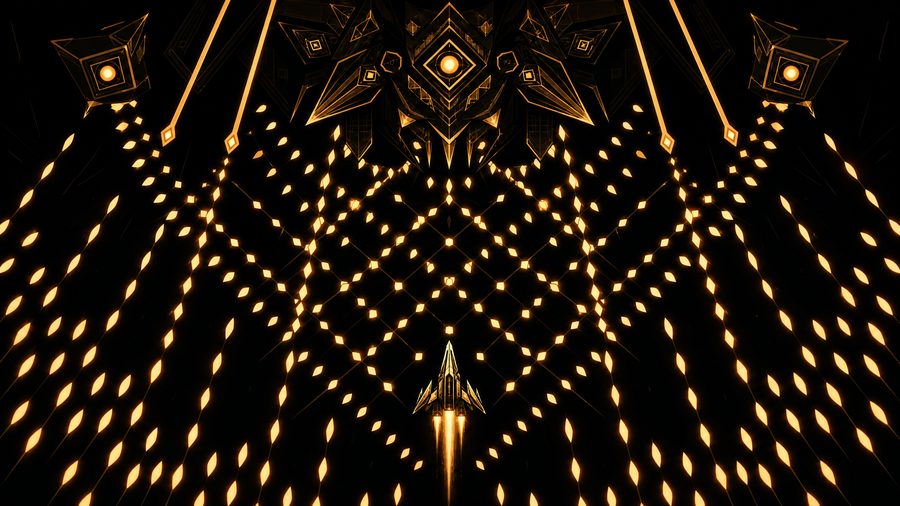 A small ship weaving through a dense lattice of glowing amber projectiles against a black void