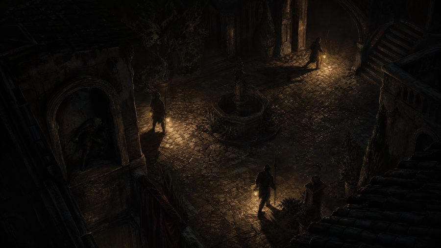 A night courtyard from above with patrolling guard silhouettes casting lantern shadows