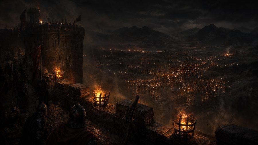 A stone fortress wall at night with braziers and an approaching army of torch lights below