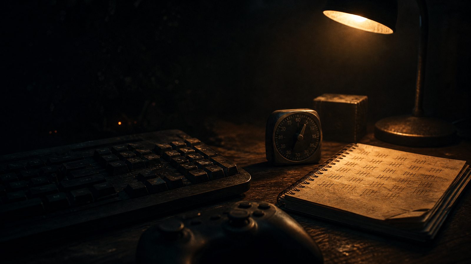 A dark desk at night with an amber lamp, a worn keyboard, a mechanical timer and a notebook covered in tally marks